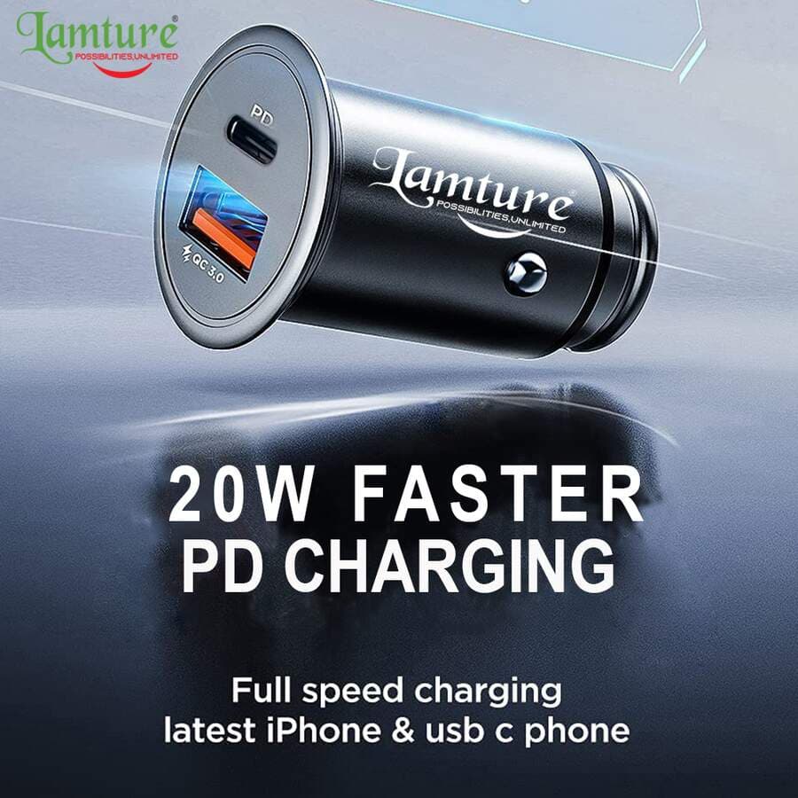 Lamture PD 20W+QC 18Watts Fast Car Charger with USB & Type-C Ports